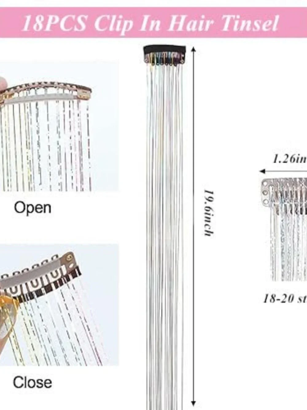 Hair Tinsel Kit Pack of 18 Pcs Hair Tinsel Clip in 19.6Inch Glitter Tinsel Hair